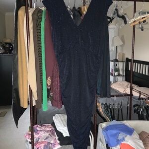 Blue shimmer midi cap sleeve cocktail dress